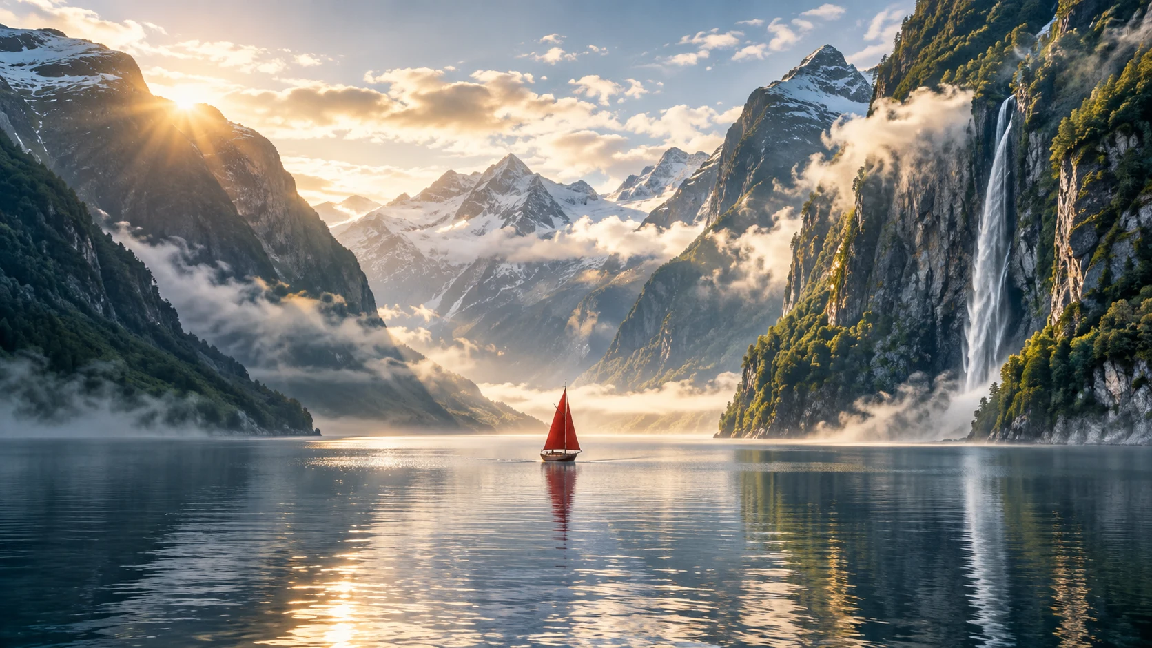 A red sailboat in a misty fjord